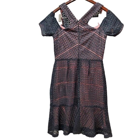 ABS Dress Size 4 Open Shoulder Black/Pink Crochet Illusion fit & flare Party - Picture 2 of 9